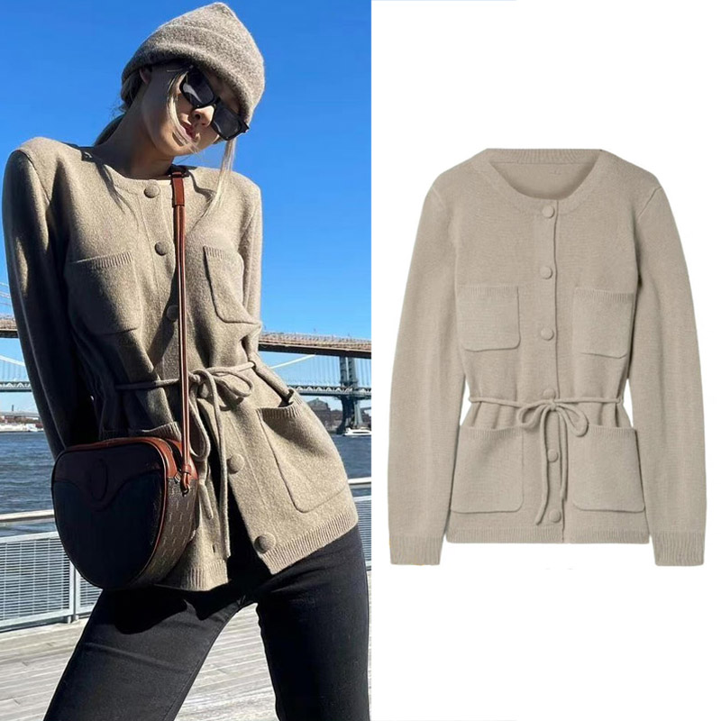 rose朴彩英同款系带针织开衫外套女秋冬毛衣内搭上衣黑色微喇长裤