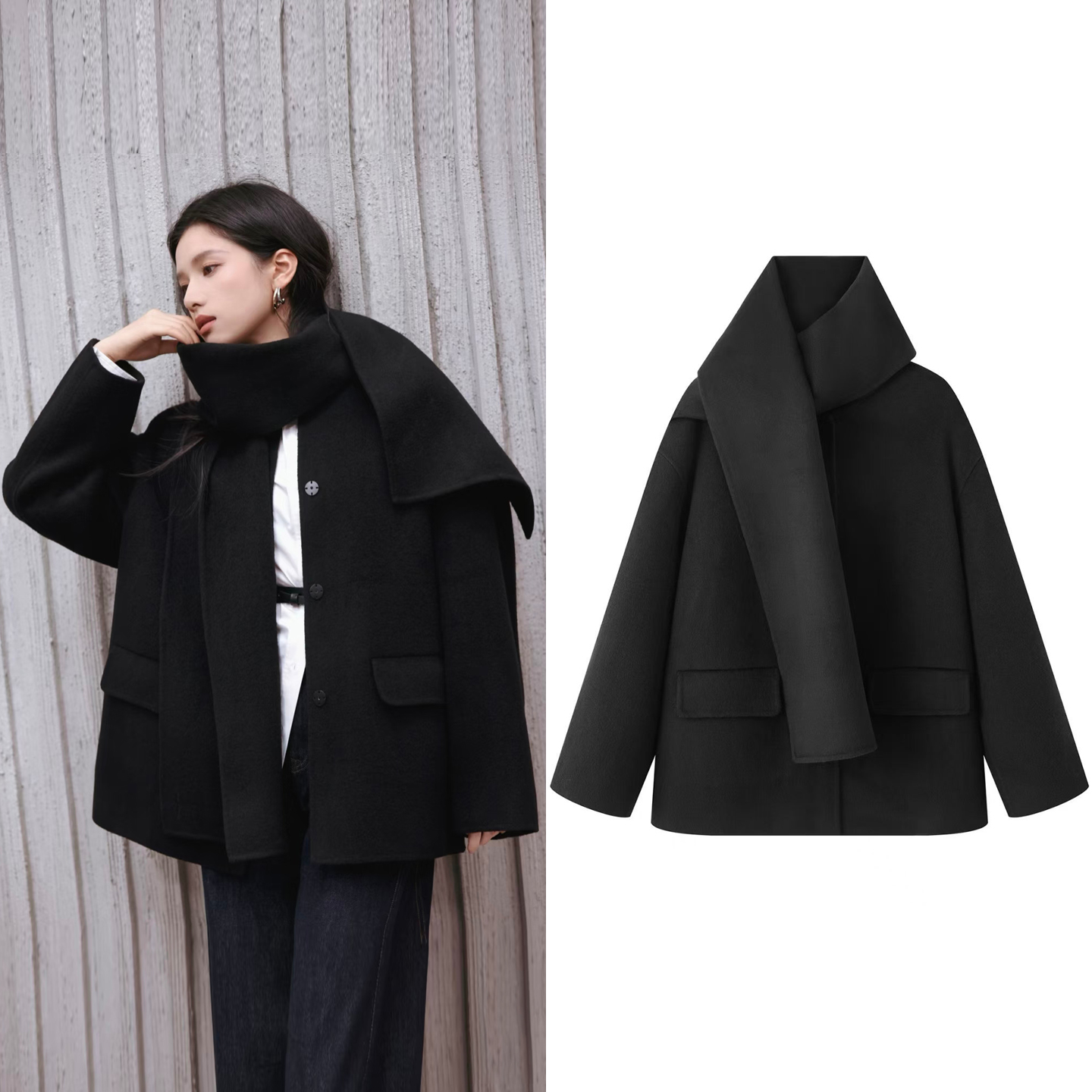 黑色带围巾领短款毛呢大衣外套冬