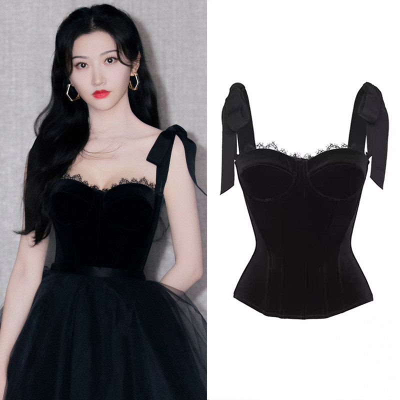 景甜明星同款黑色绑带丝绒吊带背心女鱼骨上衣收腰短款抹胸内搭夏