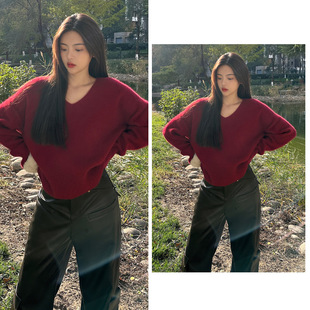 杨超越明星同款红色v领毛衣女圣诞新年战衣慵懒风针织衫上衣秋冬