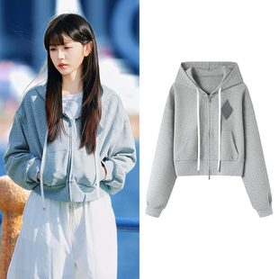 田曦薇同款灰色连帽卫衣外套女休闲长袖双拉链开衫运动风抽绳上衣