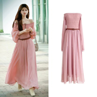 赵露思许妍同款粉色一字肩长袖连衣裙女褶皱收腰长裙法式雪纺裙子