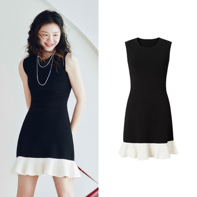 黑色无袖针织连衣裙圆领修身短裙