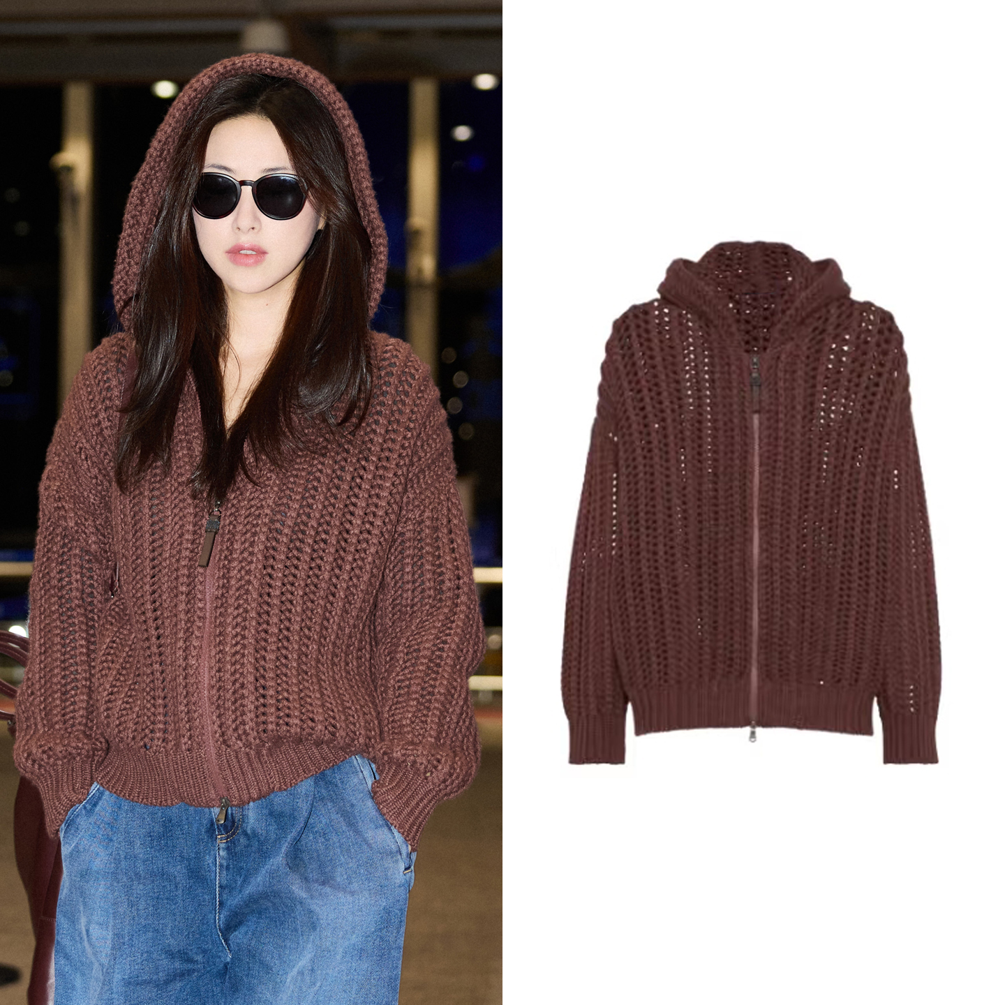 咖色连帽针织外套镂空针织衫开衫