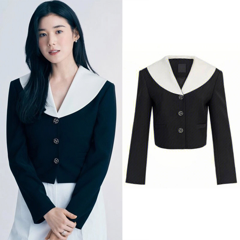 黑色翻领短西装外套单排扣西服