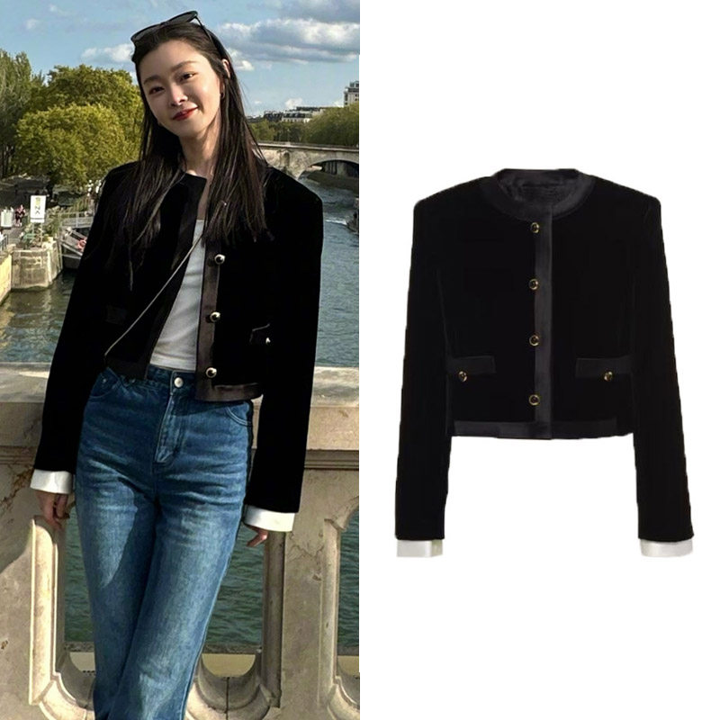 宋轶明星同款黑色丝绒短外套女高级感缎面拼接小香风夹克上衣秋冬