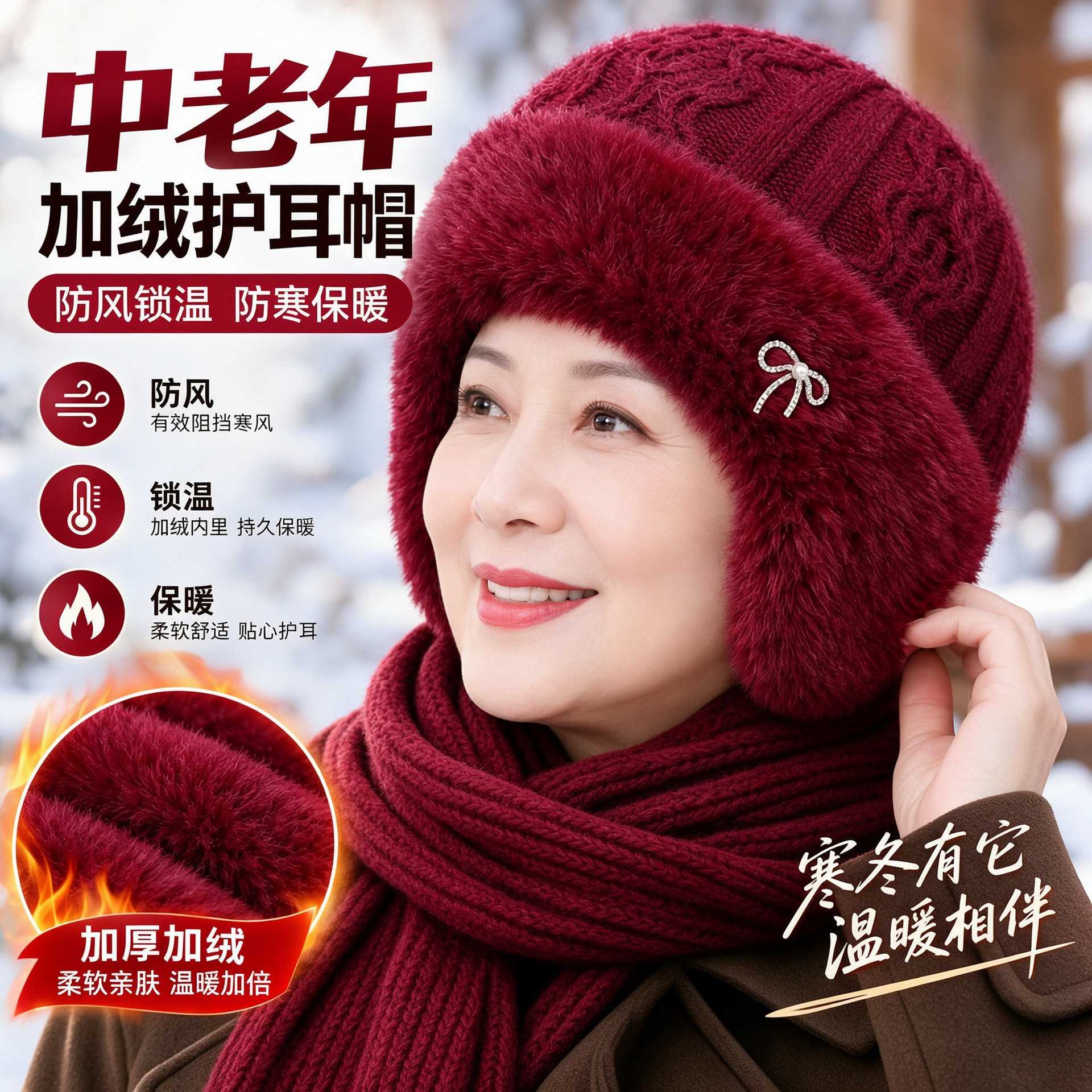 帽子女冬天老年人奶奶加绒厚保暖护耳毛线帽中老年妈妈防寒棉帽