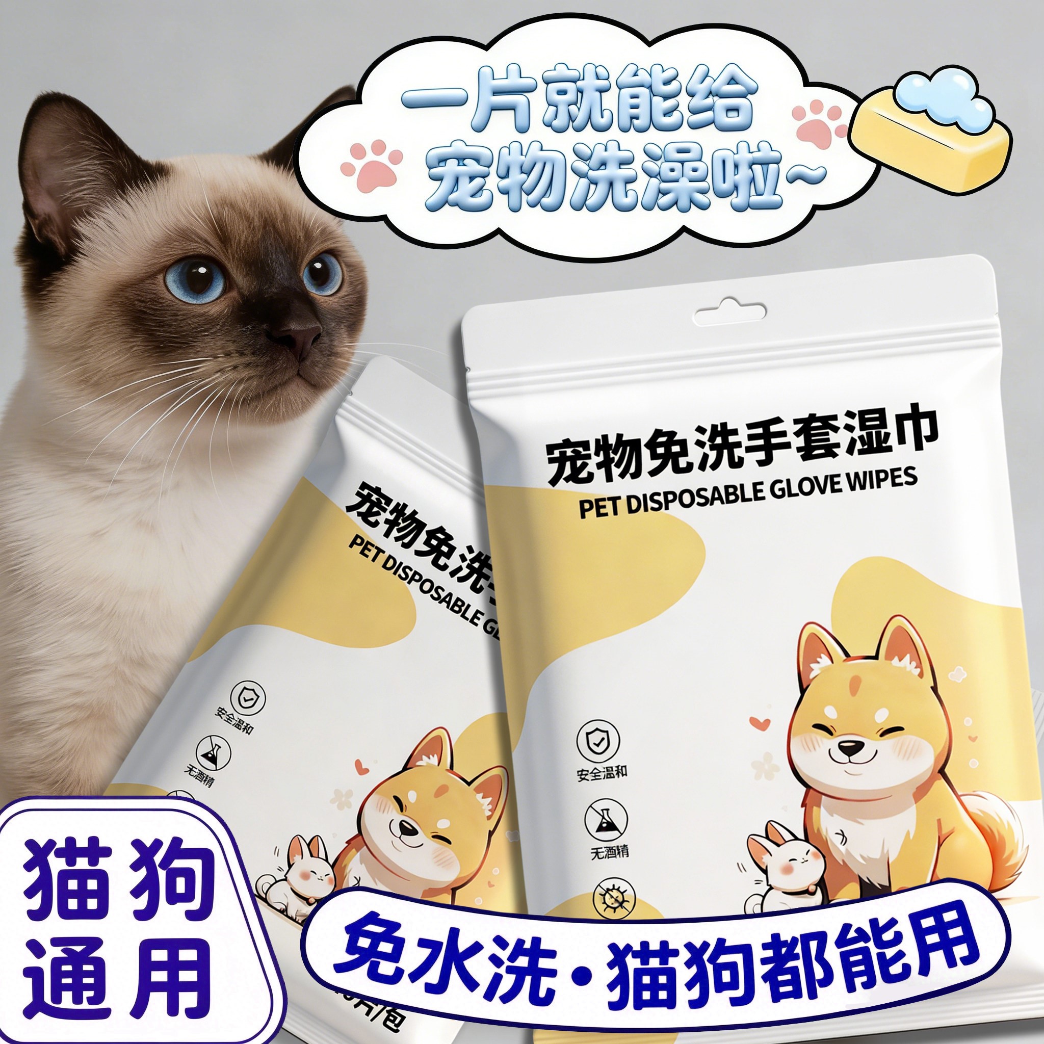 宠物免洗手套猫咪洗澡宠物湿巾狗狗干洗清洁手套杀菌除臭免洗神器