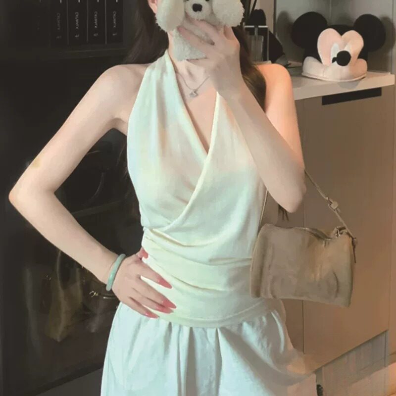 纯欲风交叉挂脖无袖背心女夏季