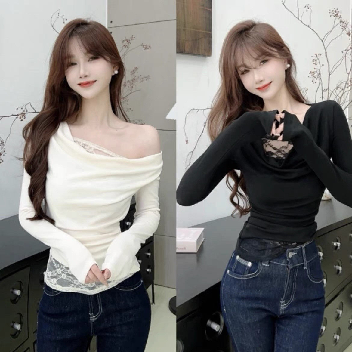 卡卡正品拼接垂领假两件上衣女