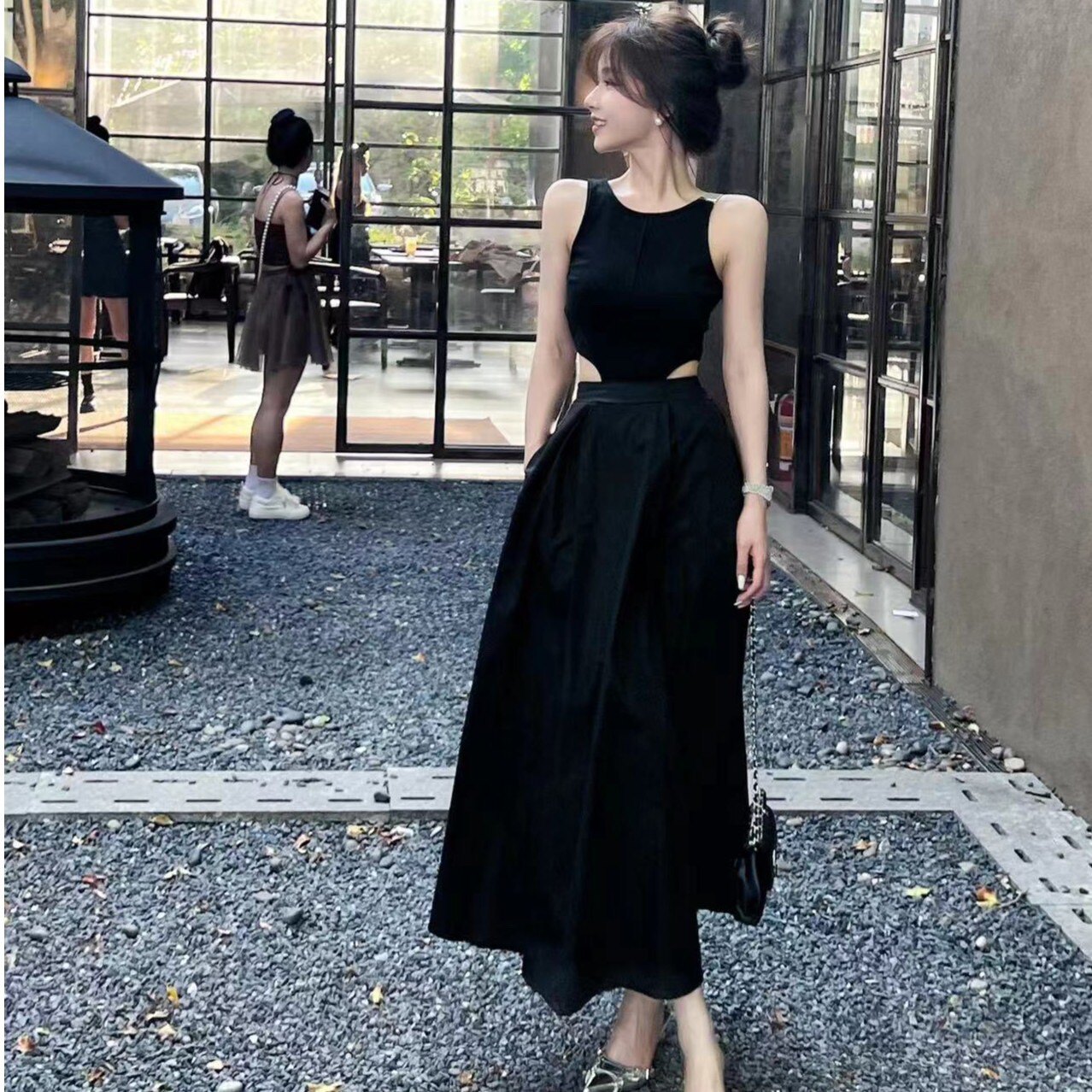 卡卡正品掐腰小黑裙辣妹无袖长裙