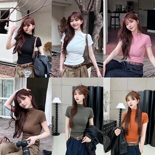 卡卡女装官方旗舰正品百搭日常清冷高级立领T恤女短袖打底衫