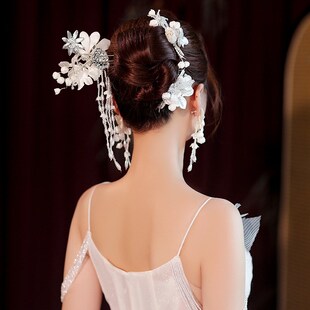 新款中式婚礼发簪套装手工布艺花瓣串珠长流苏头饰新娘造型发饰