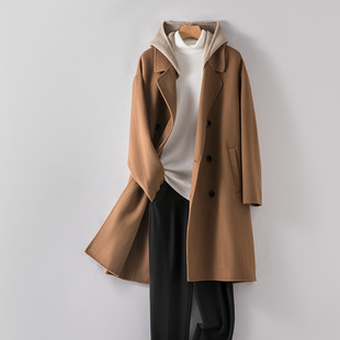 新款100%精纺羊毛大衣男款休闲连帽毛呢大衣高端双面无羊绒外套男