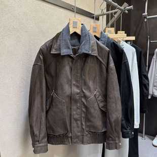 超帅新款皮衣假两件牛仔外套男韩系复古百搭上衣翻领秋冬保暖宽松