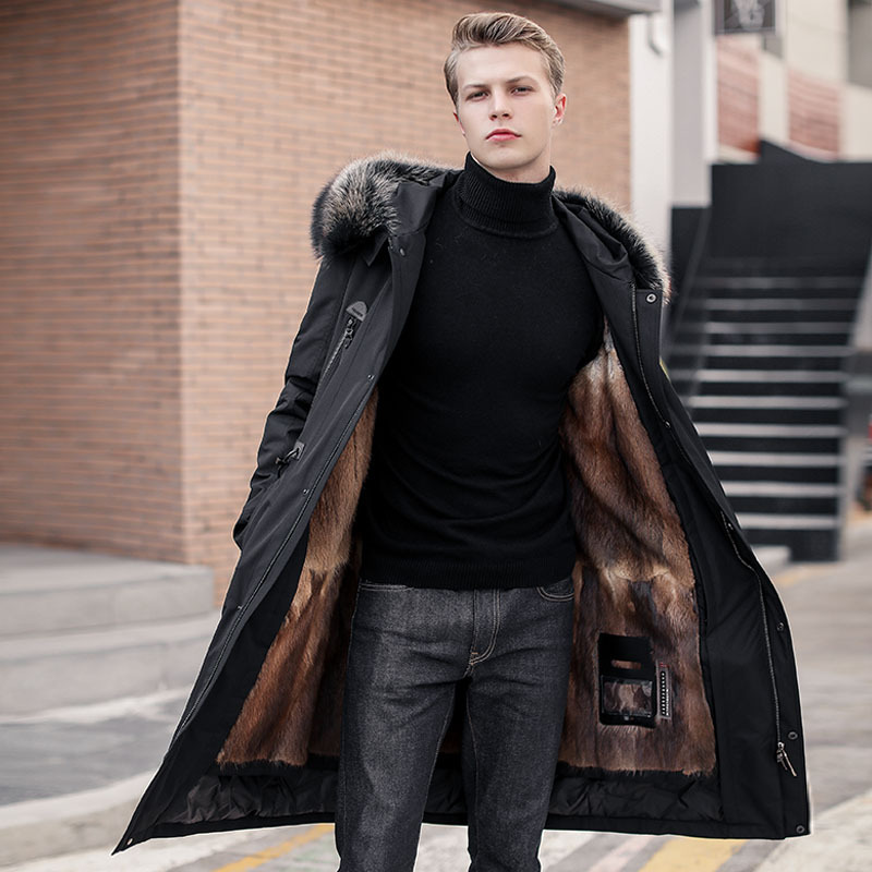 鹅绒羽绒服男中长款加厚大毛领连帽水貂内胆皮毛一体皮草大衣男款