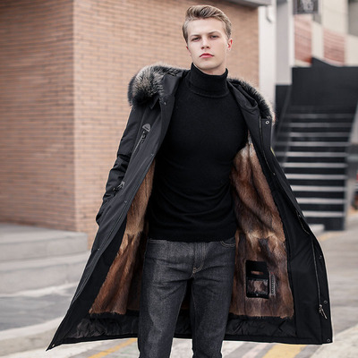 鹅绒羽绒服男中长款加厚大毛领连帽水貂内胆皮毛一体皮草大衣男款