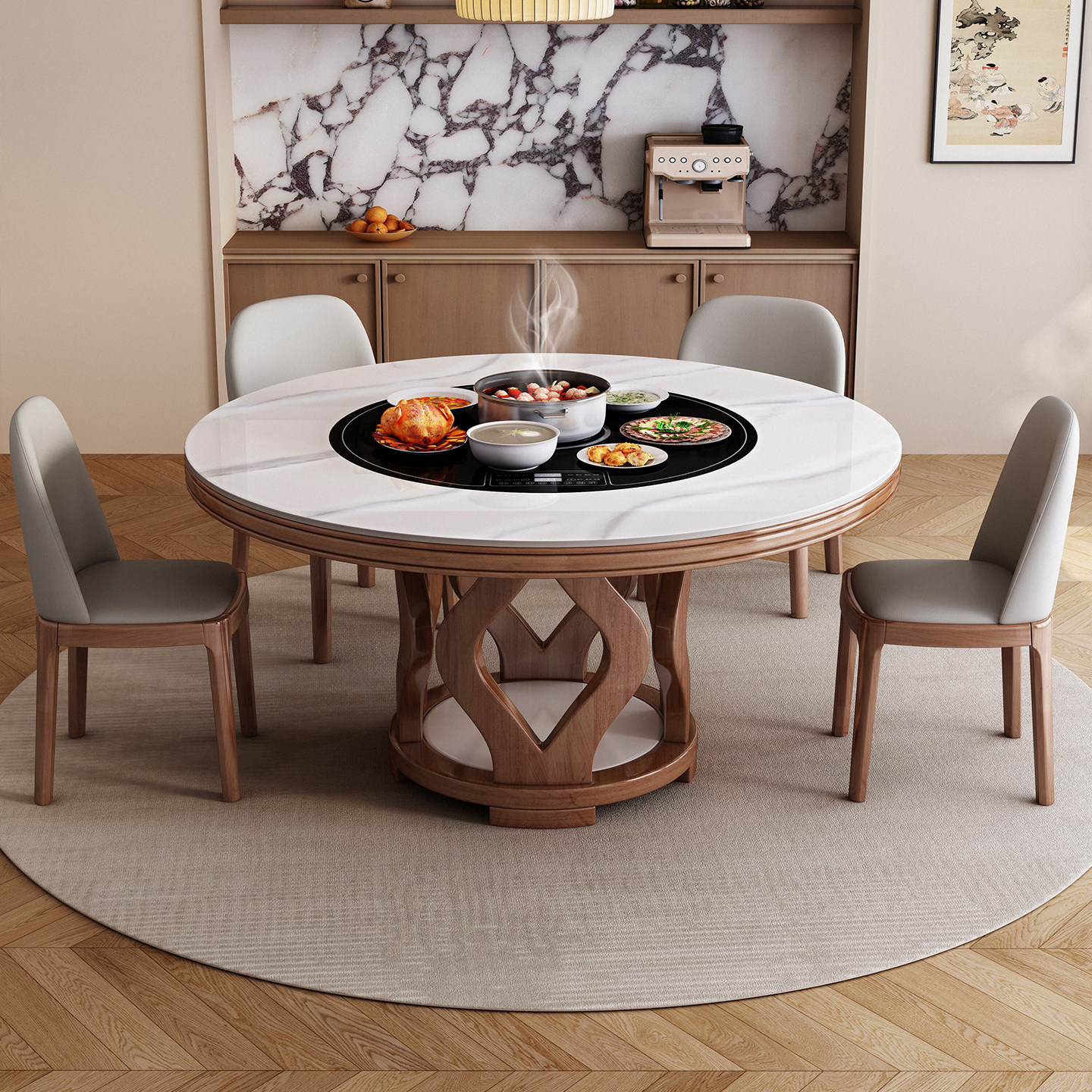 高端实木岩板餐桌椅组合现代简约家用圆桌带内嵌暖菜板圆形吃饭桌