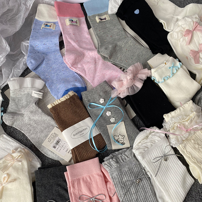 满3双包邮25年新款袜子合集仙女蝴蝶结花边中筒棉袜春夏韩系miu系