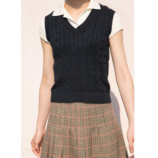 春装 毛衣背心棉纱学院风BM灰色马甲麻花显瘦修身 女 短款 V领针织衫
