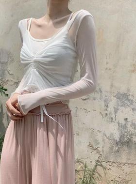 防晒罩衣中间抽绳上衣新款网纱显瘦长袖修身黑色瑜伽芭蕾舞练功服