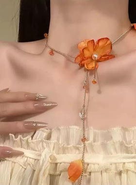 干枯玫瑰复古氛围感酒红花朵项链女轻奢小众高级感气质锁骨链颈链