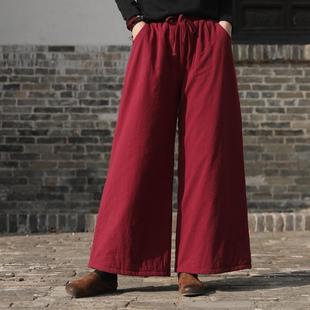 夹棉保暖纯色女士阔腿棉长裤 文艺复古宽松大码 棉麻女装 2024冬新品