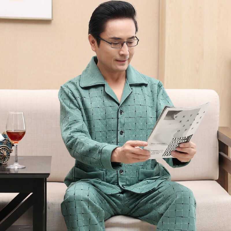 玫薇儿睡衣男士秋冬长袖纯棉家居服中老年人爸爸空气棉夹棉夹层保