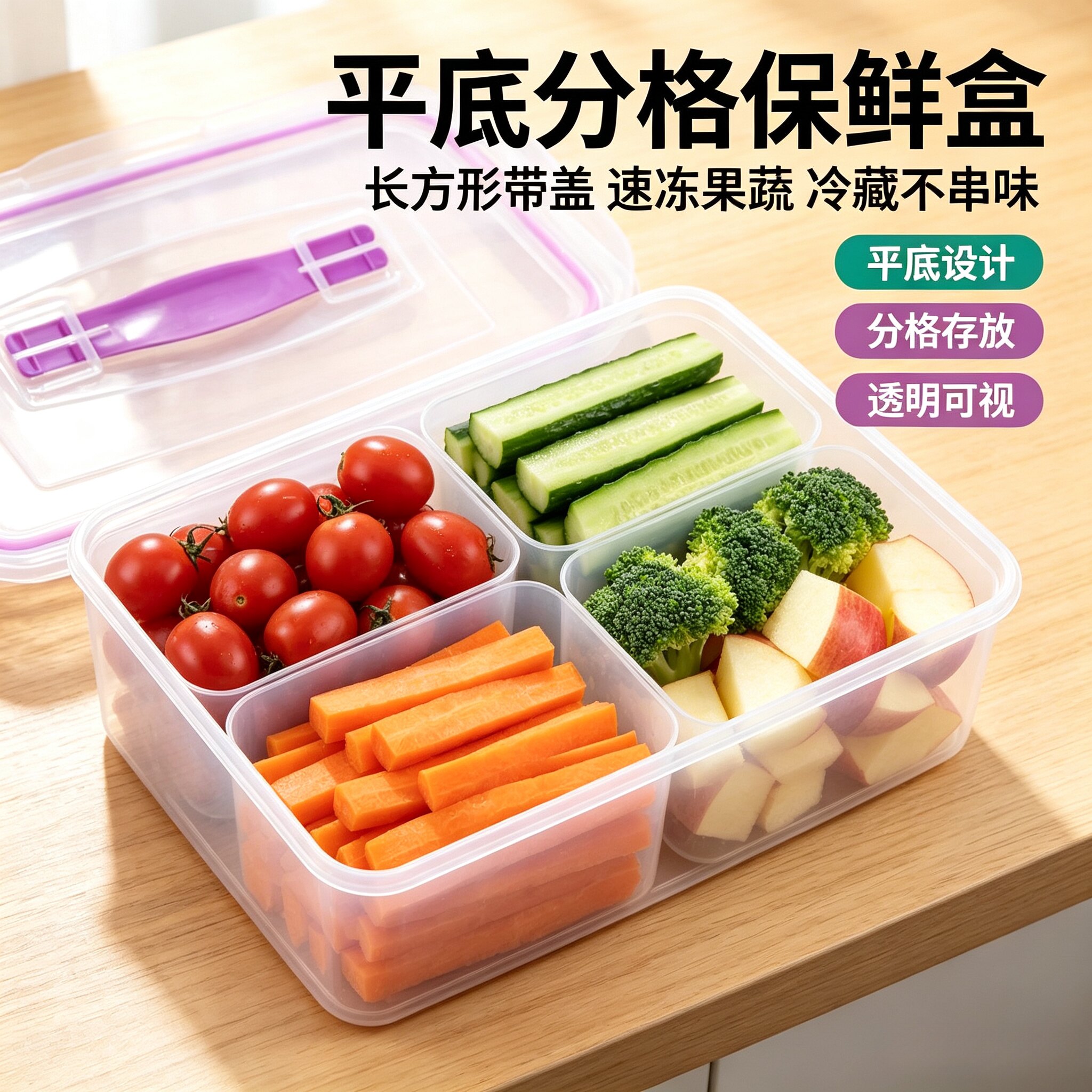 平底保鲜盒分装盒分格长方形速冻果蔬冷藏分隔型储存盒新款带盖子