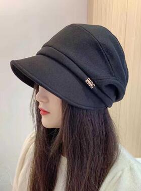 黑色鸭舌帽子女秋冬百搭短檐时尚马术帽保暖休闲显脸小堆堆渔夫帽