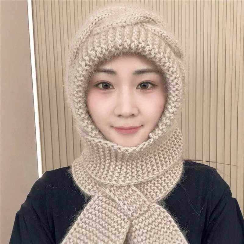 新款秋冬中老年护耳帽手工针织毛线帽女士保暖加厚围脖一体风雪帽
