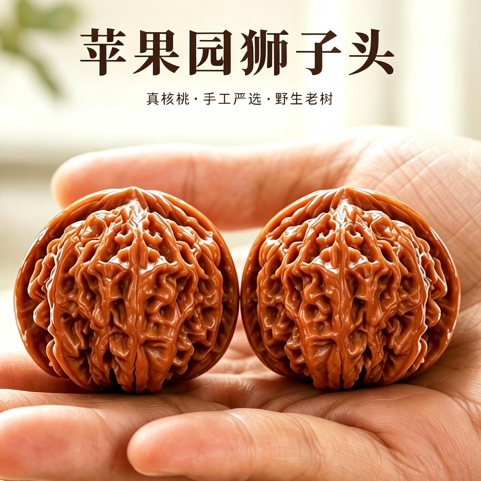 苹果园核桃盘玩手把件青皮文玩精品四座楼狮子头官帽核桃手盘物件