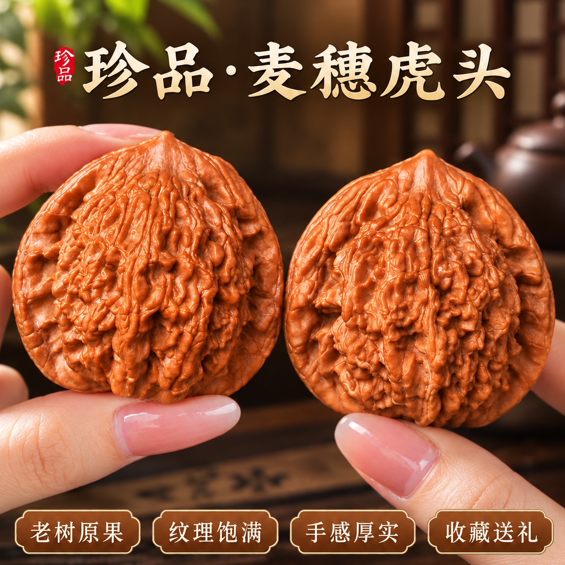 文玩麦穗虎头核桃手把件送礼包