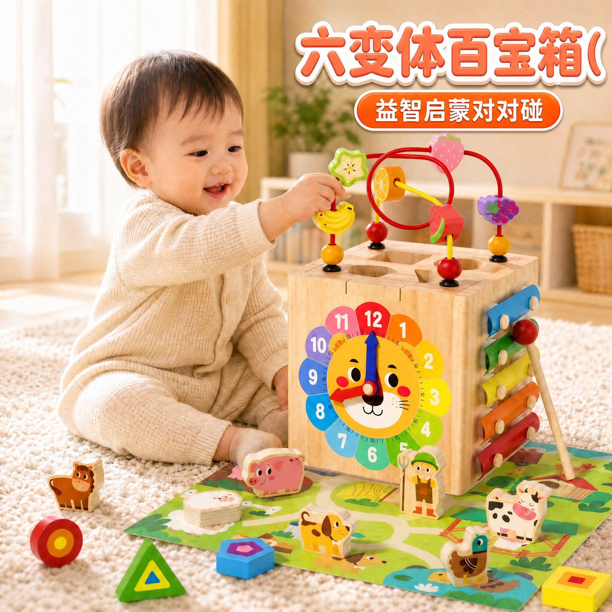 宝宝蒙氏对对碰六面体百宝箱玩具