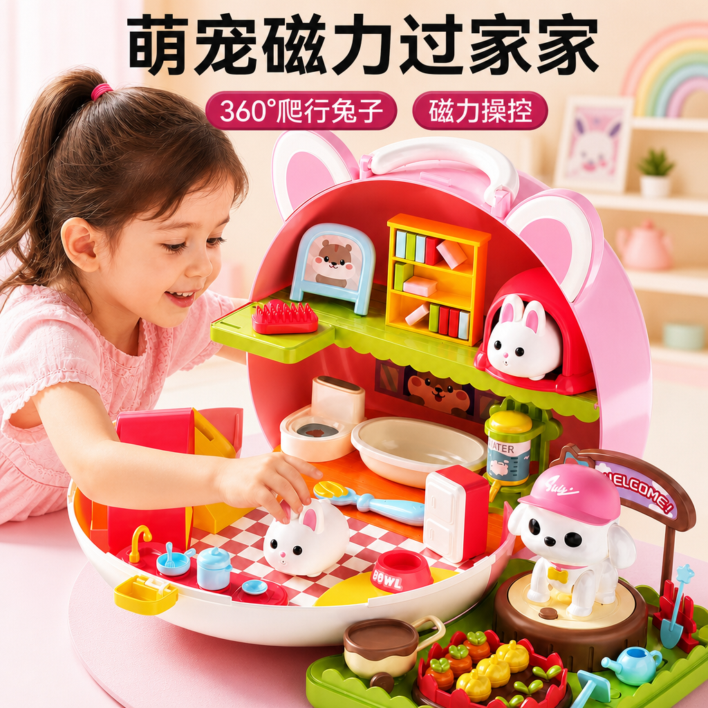 女孩磁力兔子屋过家家玩具