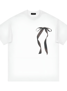 orisafour欧式绸缎蝴蝶结印花 宽松百搭情侣 重磅纯棉休闲短袖t恤