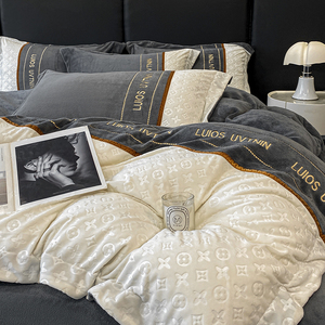 富安娜轻奢加厚牛奶绒四件套冬季双面珊瑚绒法兰绒床单被套床笠款