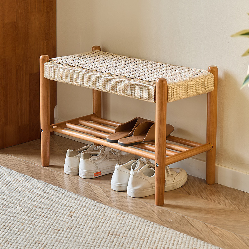 实木藤编换鞋凳家用门口穿鞋凳进门入户门矮凳长板凳鞋架坐凳一体