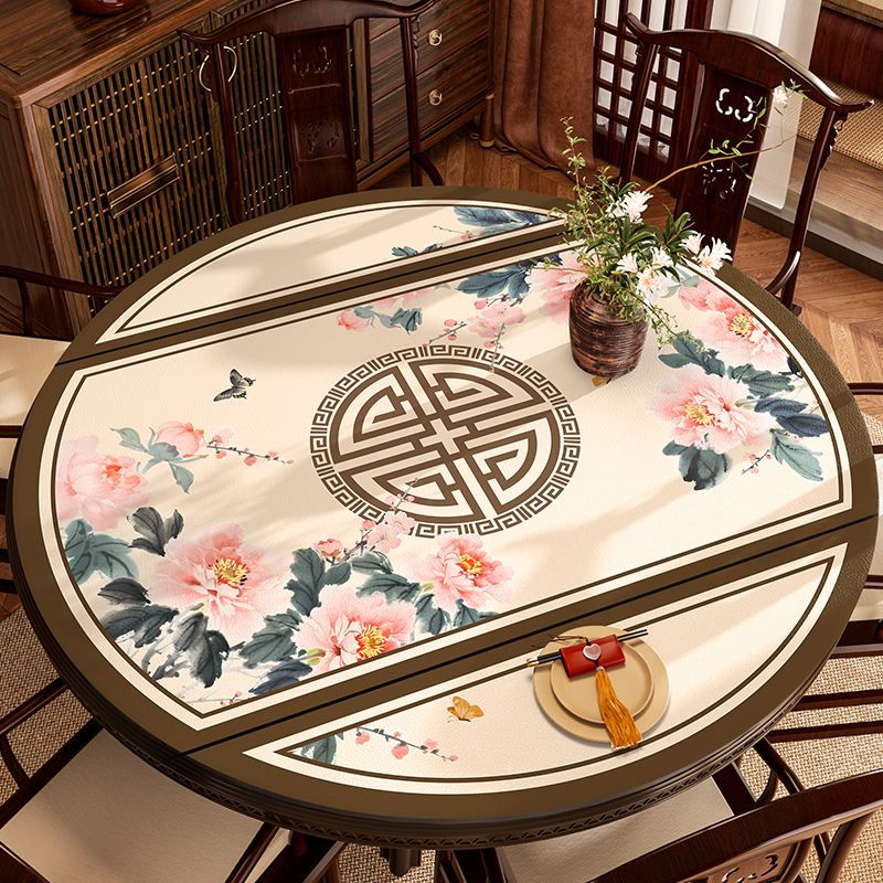 中式皮革圆桌折叠桌满铺桌垫