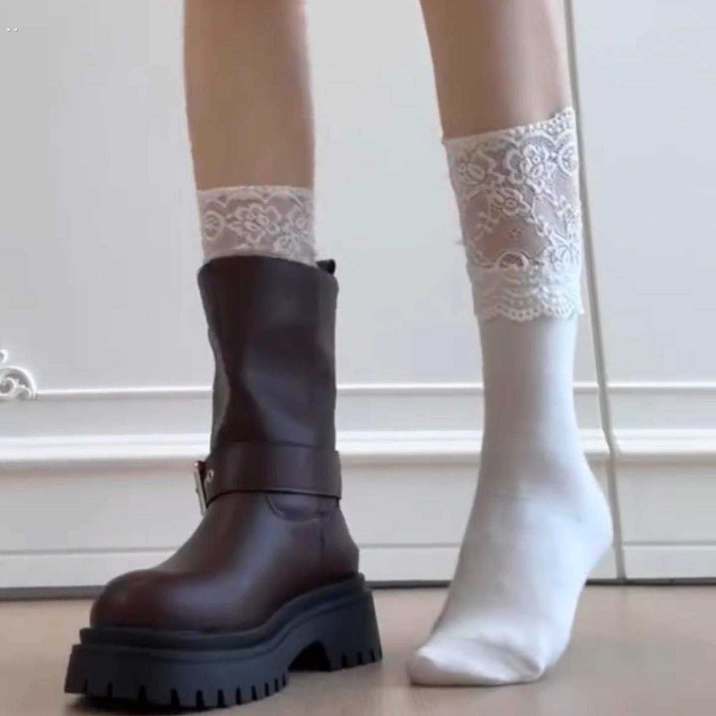 配短靴子的袜子女夏季薄款纯棉中筒袜蕾丝花边马丁靴小腿袜长筒袜