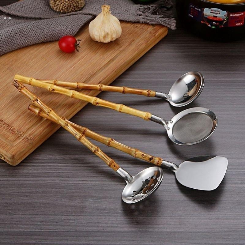 304不锈钢汤勺防烫手柄漏勺 竹木手柄创意日式迷你小汤壳公用勺