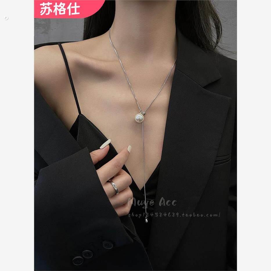 可调节抽拉珍珠项链女轻奢小众2023新款爆款锁骨毛衣链设计感高级
