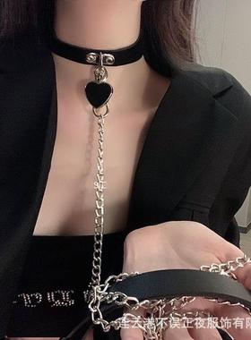 爱心牵引绳子项圈情侣调女链子颈带字母性感狗链锁骨链choker链条