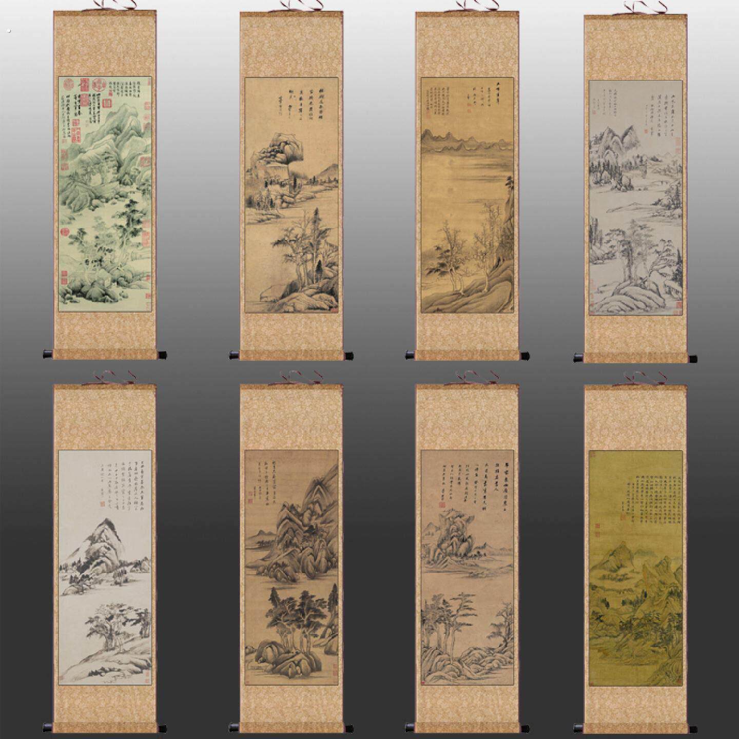 明董其昌葑泾仿古图山水画卷轴画丝绸画历代名家字画酒店装饰挂画