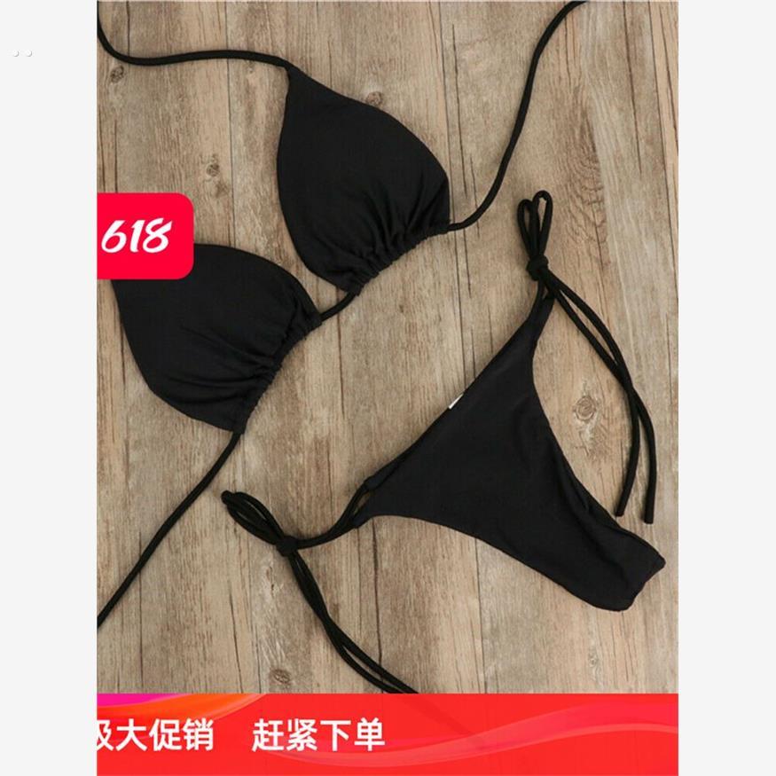 欧美挂脖系带可调节比基尼性感泳衣女士分体带绑带内衣三点式套装