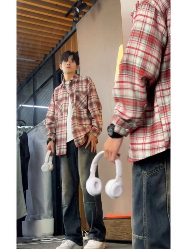 大雄小个子穿搭日记春秋款长袖格子衬衫男生穿搭港风宽松衬衣