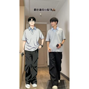 大雄小个子穿搭假两件衬衫领短袖T恤男夏季宽松polo衫青少年潮酷