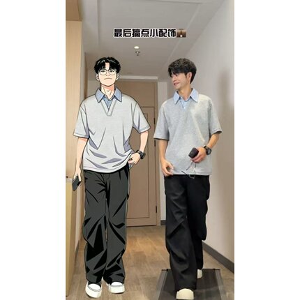 大雄小个子穿搭假两件衬衫领短袖T恤男夏季宽松polo衫青少年潮酷