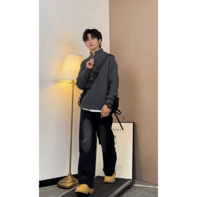 大雄小个子穿搭日记秋冬款半拉链高领毛衣男宽松针织衫外套