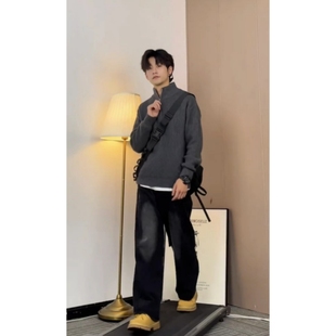 大雄小个子穿搭日记秋冬款半拉链高领毛衣男宽松针织衫外套